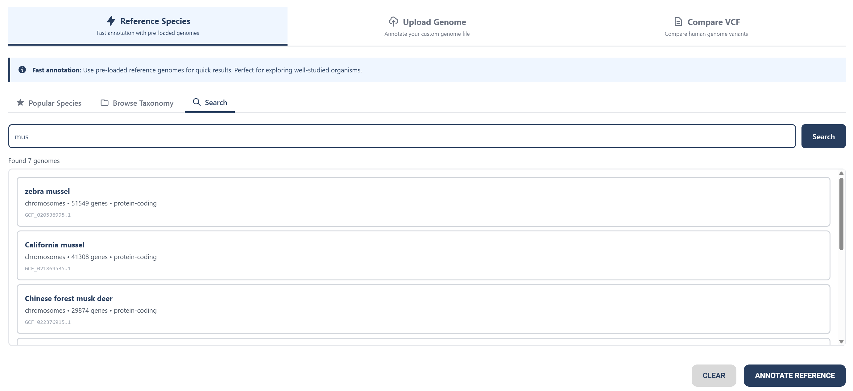 Search for a reference genome